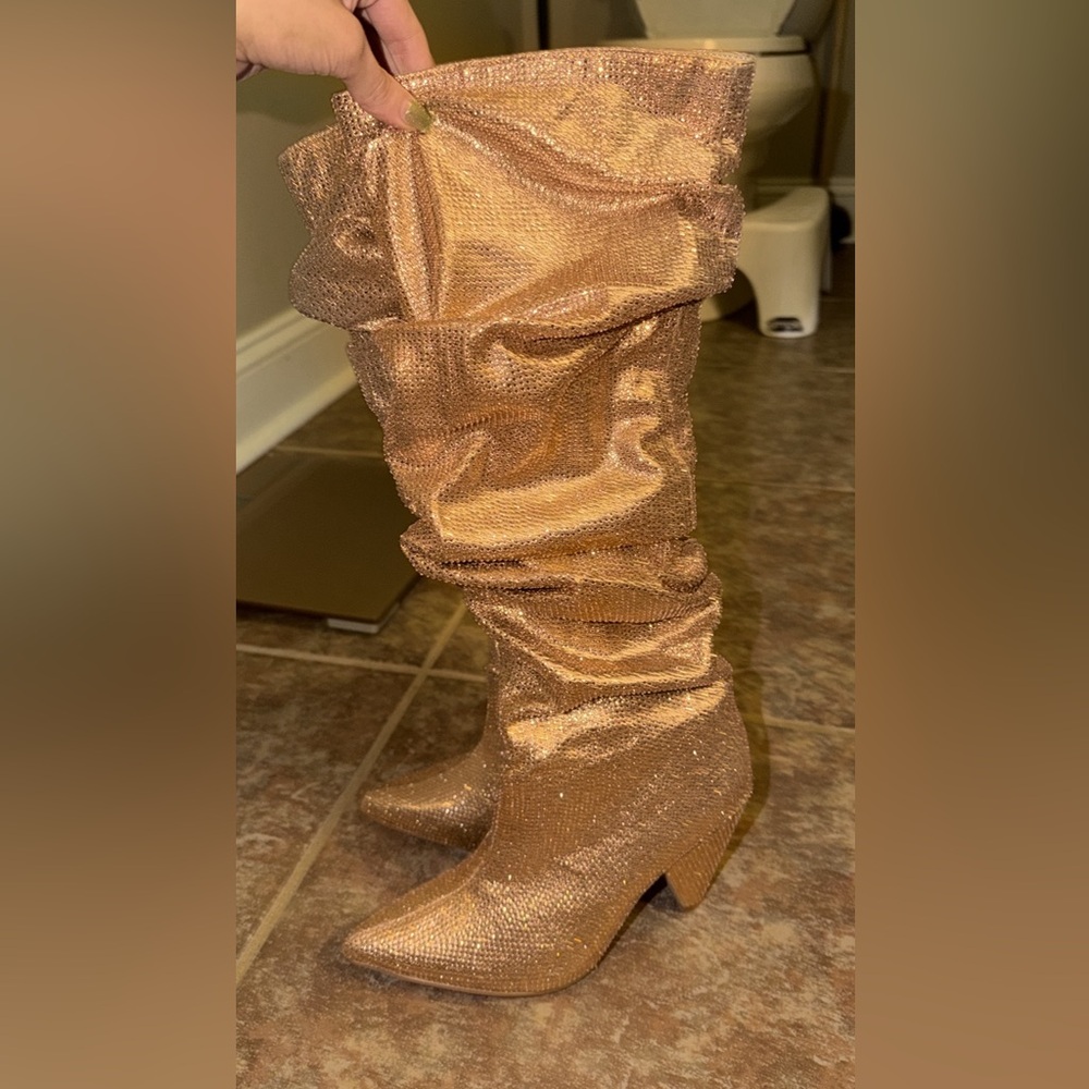 Sparkling Slouchy Knee-High Boots in Metallic Copper